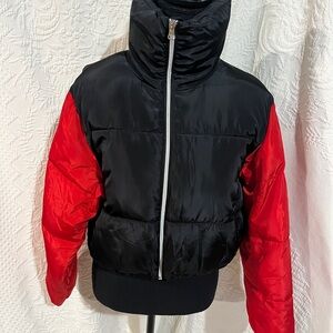 SHACI Puffer Cropped Zip Up Jacket in black and red, size medium